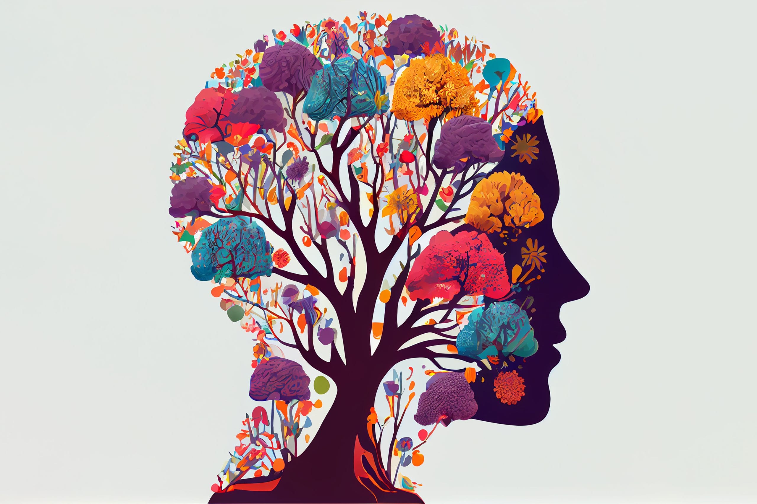 Human brain tree with flowers, self care and mental health conce
